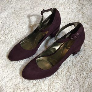 Bandolino Plum Faux Suede Ankle Strap Kitten Heels